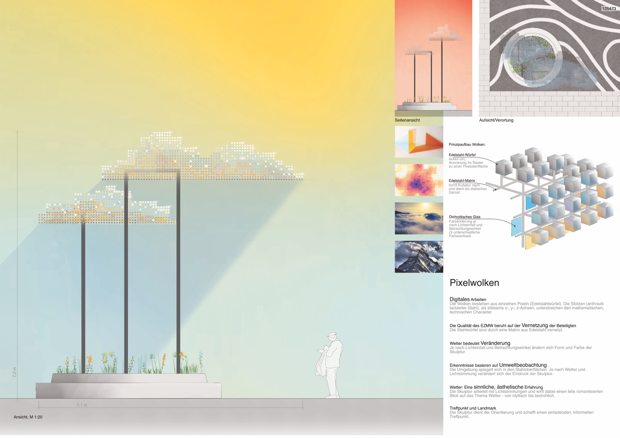 Pixelwolken – Wettbewerbstafel mit Perspektive, Lageplan und Konstruktionsprinzip